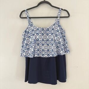 Lands End Women 10 Tankini Swim Top Blue‎ Geometric Ruffle Tier Mediterranean
